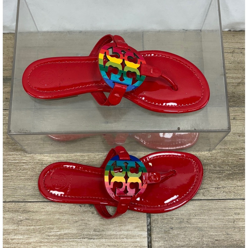 Tory Burch Miller Rainbow Logo Red Patent Leather Flip Flops Sandals - Picture 3 of 11